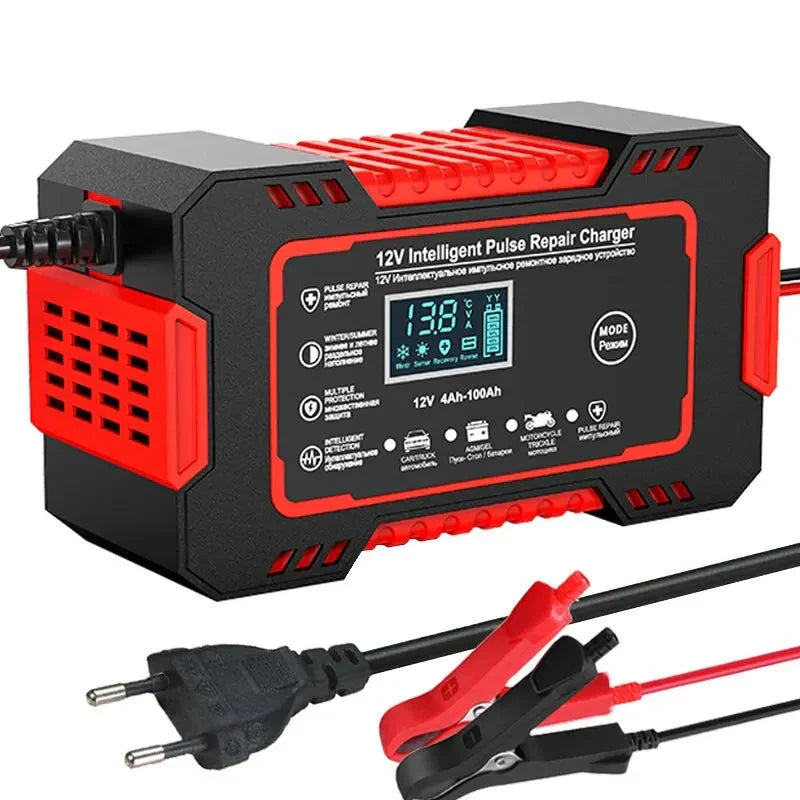 Smart bilbatterioplader 12V 6A – pulserende reparation, LCD-skærm og hurtig opladning af AGM-, gel- og blybatterier
