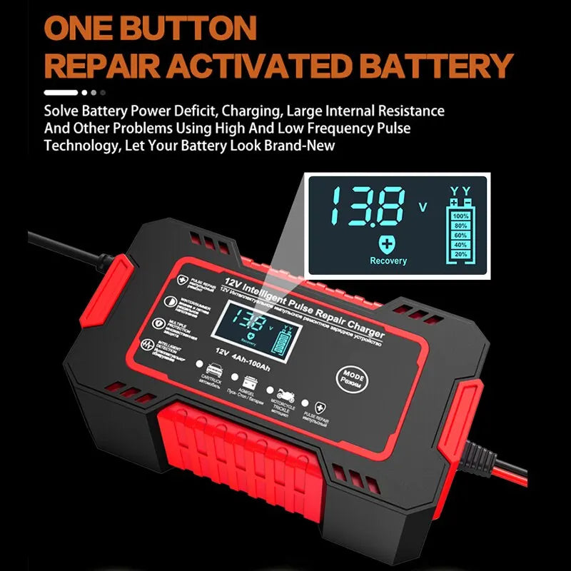 Smart bilbatterioplader 12V 6A – pulserende reparation, LCD-skærm og hurtig opladning af AGM-, gel- og blybatterier