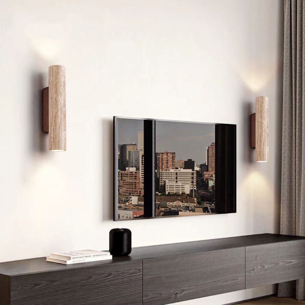 Lampada da parete in travertino a 2 luci Nordivea — Struttura in legno, design scandinavo