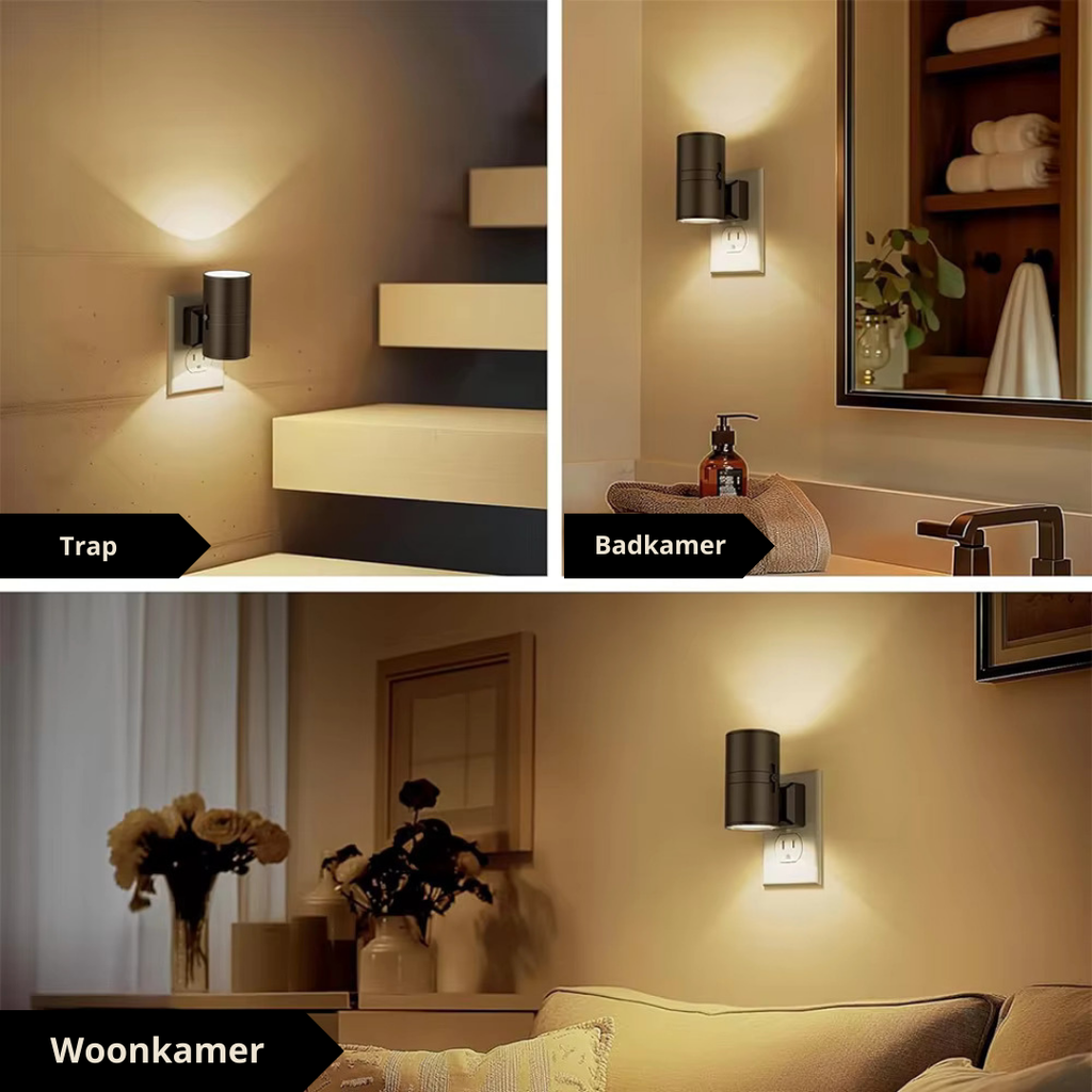 Sensorstyret LED-natlampe med varmt lys ved 3000 K – Dæmpbar væglampe med stik