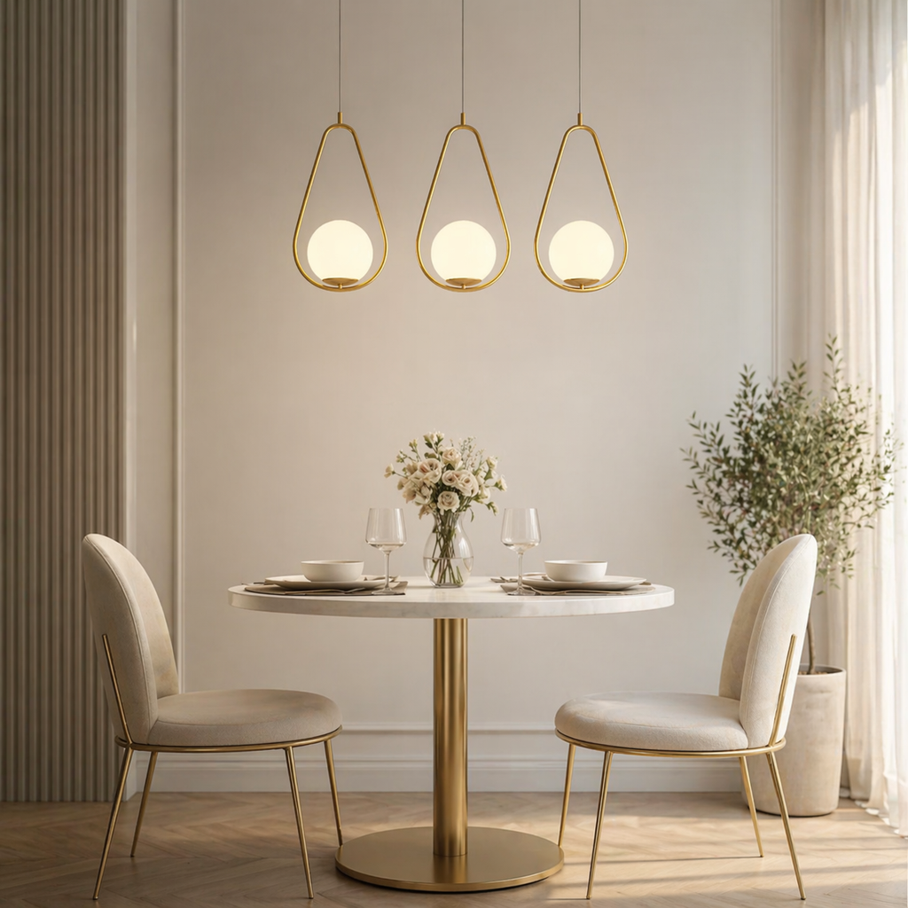 Üveggömbös függőlámpa — modern sárgaréz felület