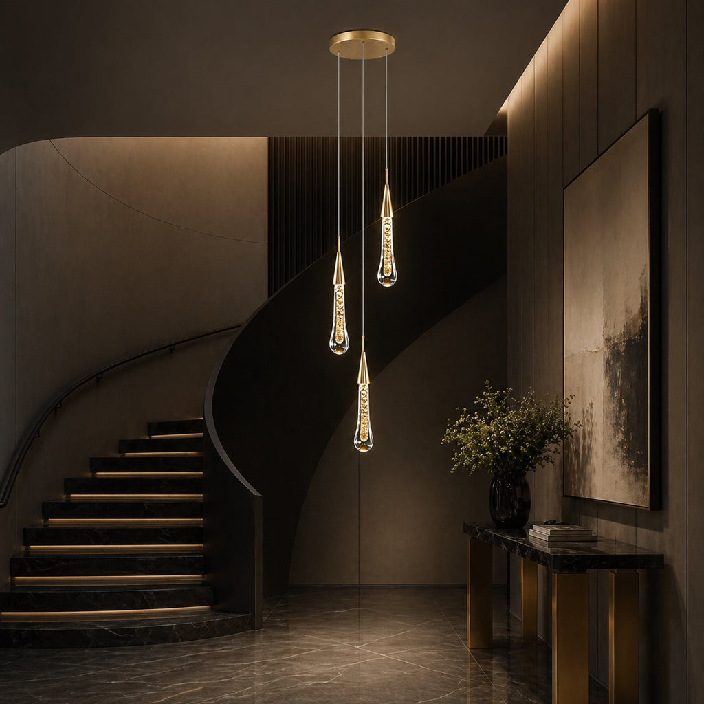 Moderne krystallkrone med pendellampe — langthengende LED-armatur i aluminium