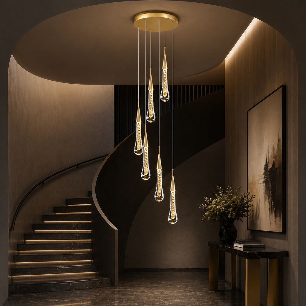 Moderne krystallkrone med pendellampe — langthengende LED-armatur i aluminium