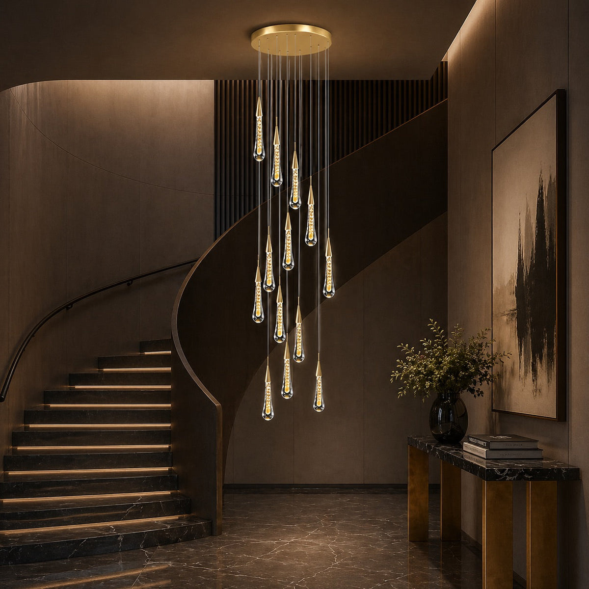 Moderne krystallkrone med pendellampe — langthengende LED-armatur i aluminium