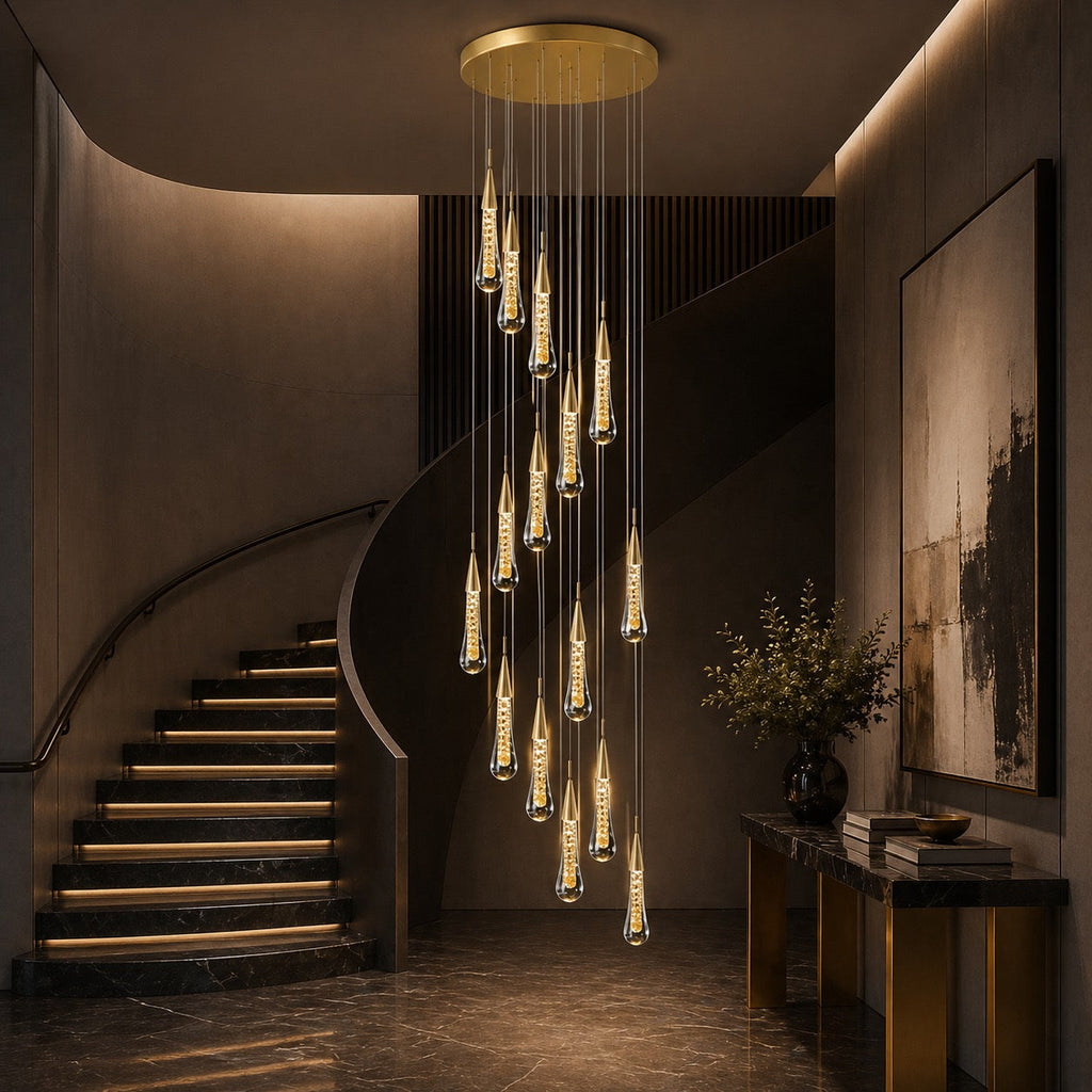Moderne krystallkrone med pendellampe — langthengende LED-armatur i aluminium