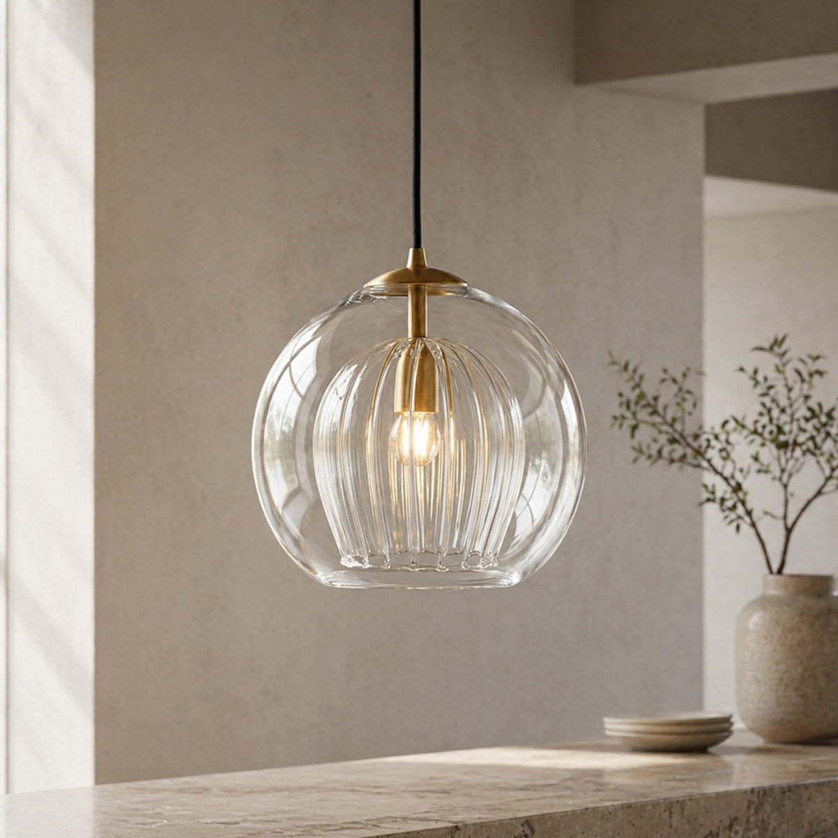 Lustră cu pandantiv din sticlă și înălțime reglabilă — corp de iluminat modern din metal, compatibil cu LED