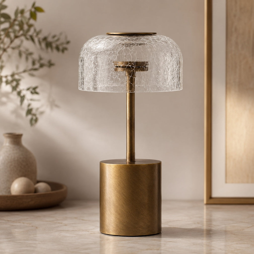 Modern Table Lamp — Cracked Glass Shade, Cordless Design, Adjustable LED Color Temperature