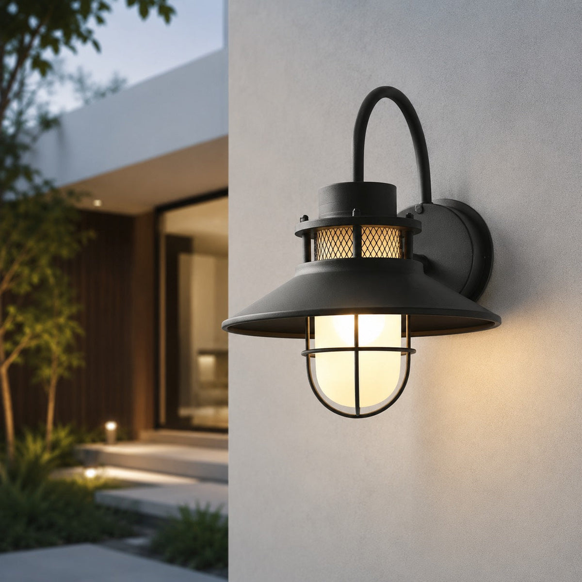Lampă de perete vintage pentru exterior — Construcție rezistentă la intemperii din metal și sticlă, compatibilă cu bec LED