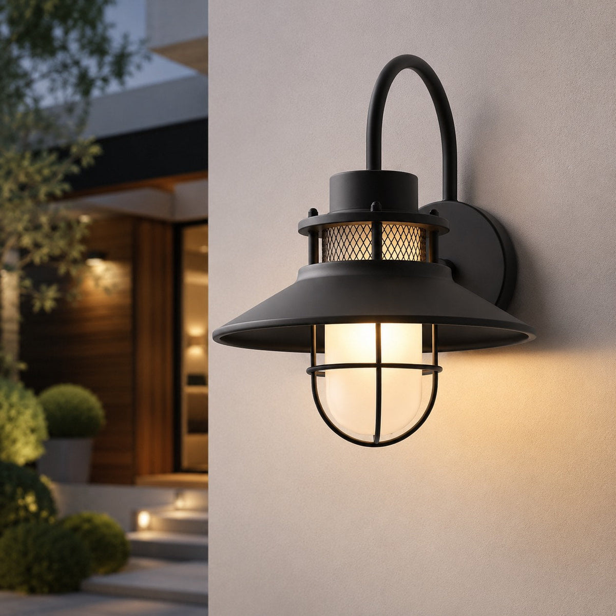 Lampă de perete vintage pentru exterior — Construcție rezistentă la intemperii din metal și sticlă, compatibilă cu bec LED