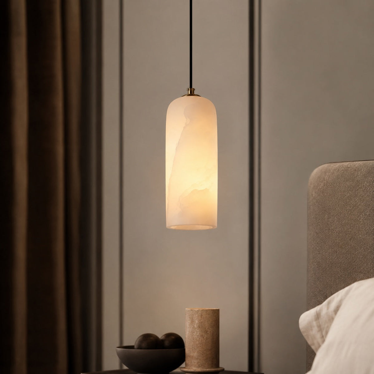 Moderne LED-pendel — alabasterlampeskærm, børstet kobber, minimalistisk stil