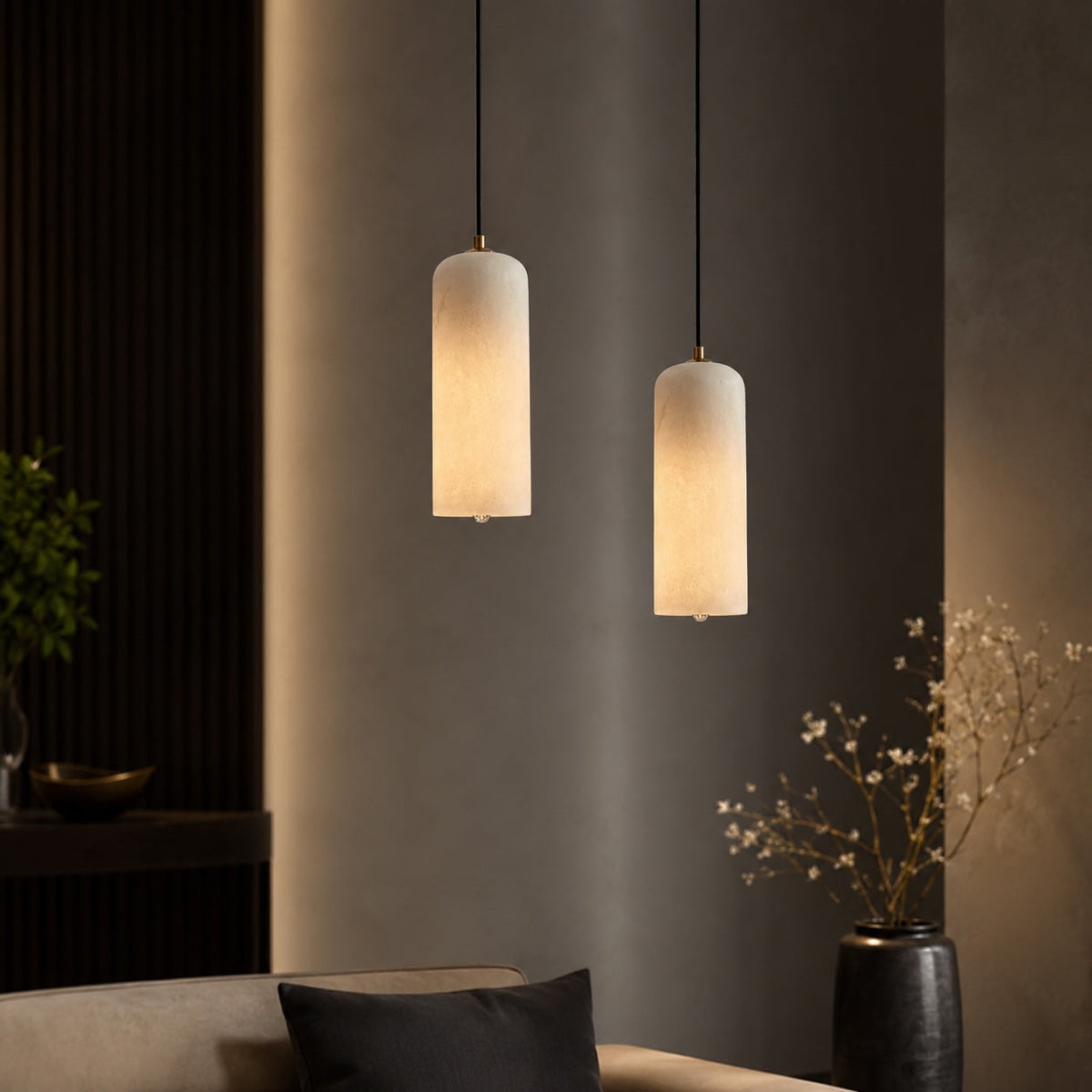 Moderne LED-pendel — alabasterlampeskærm, børstet kobber, minimalistisk stil