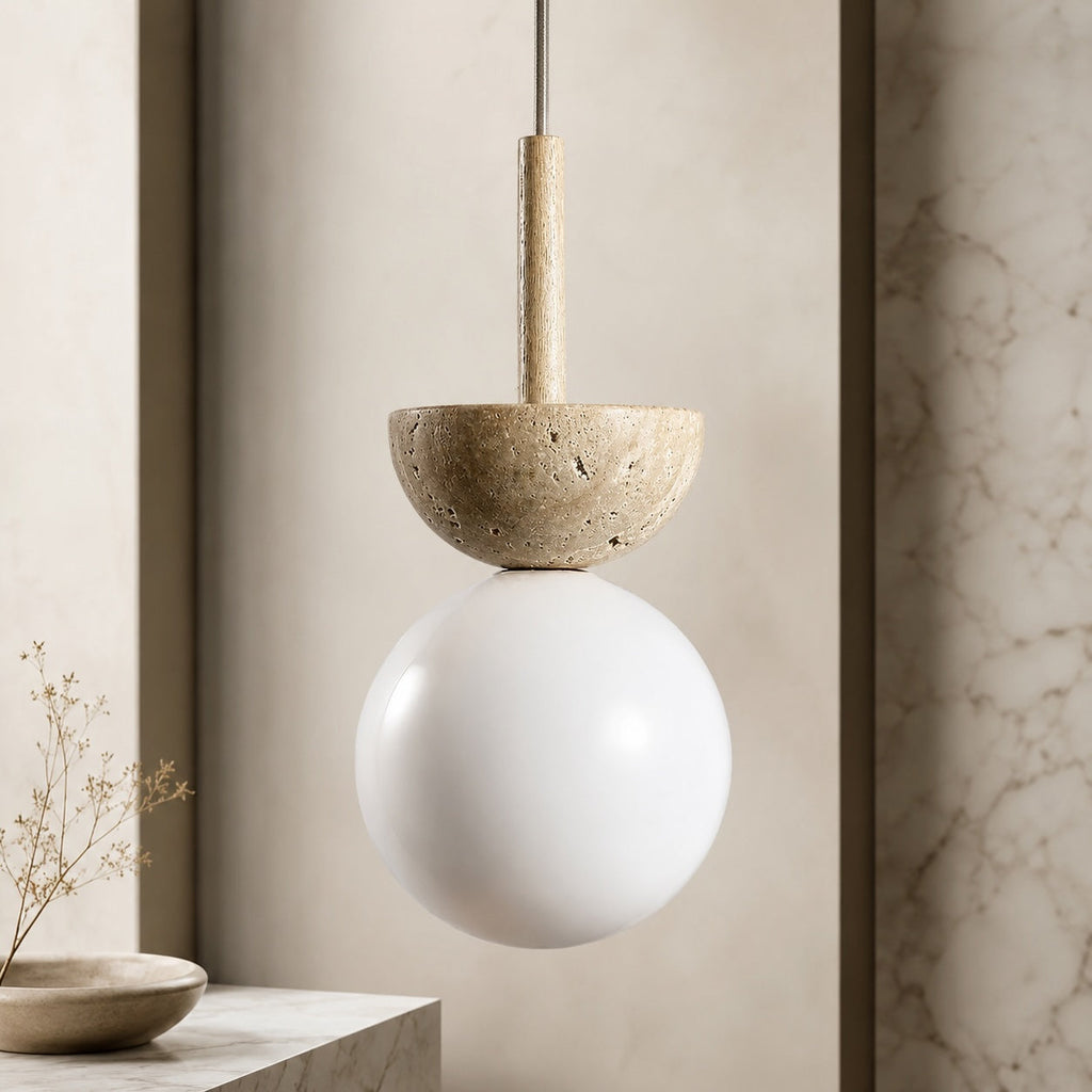 Nordisk kompakt LED-pendellampa — krämfärgad travertinfinish