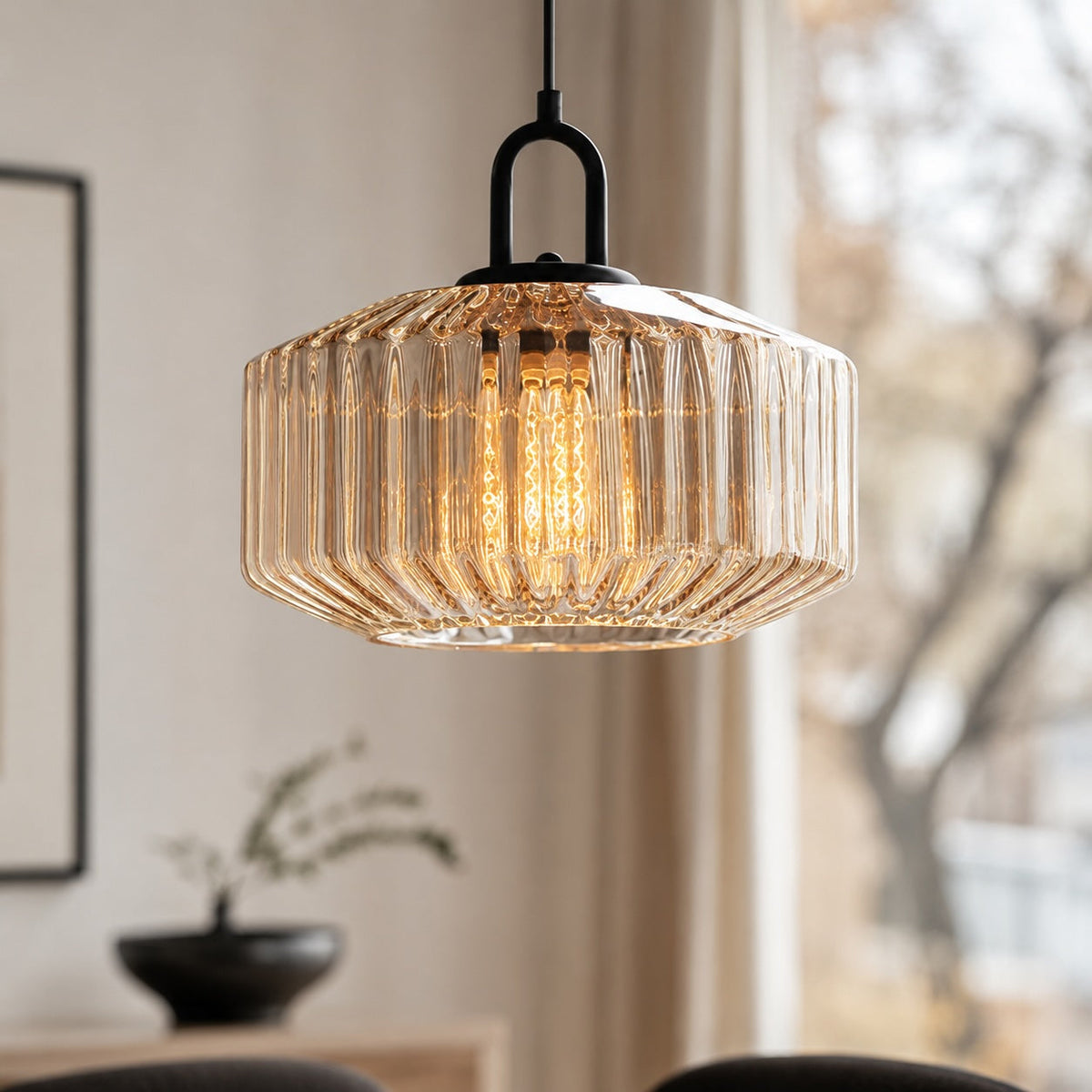 Moderne nordisk pendellampe - justerbart ophæng, glasskærm, jernkonstruktion, kompatibel med E27