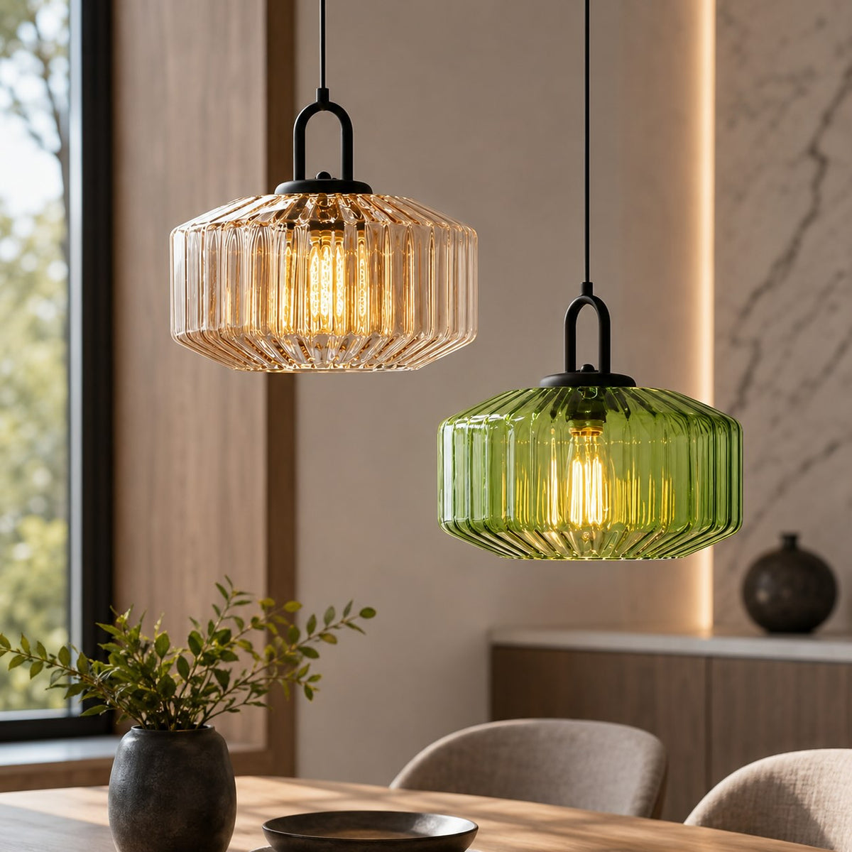 Moderne nordisk pendellampe - justerbart ophæng, glasskærm, jernkonstruktion, kompatibel med E27