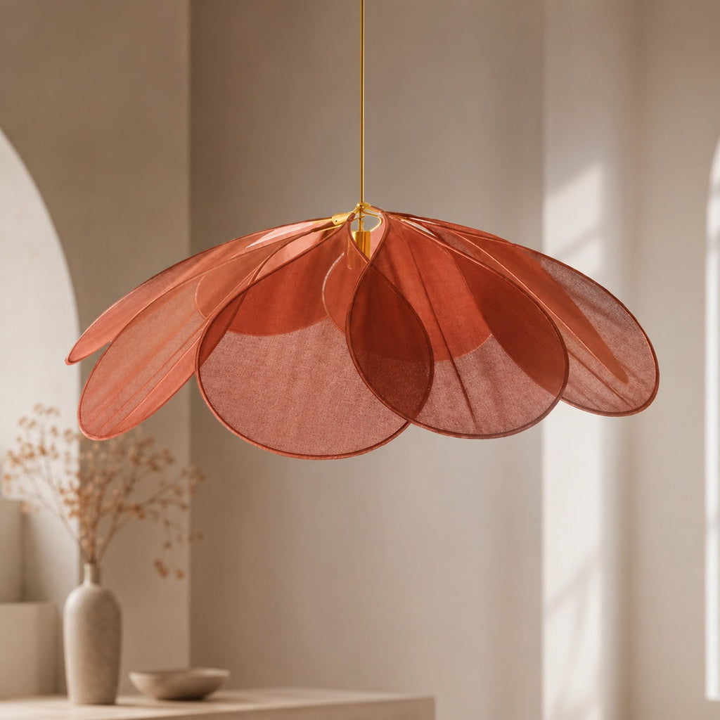 Modern blomformad pendellampa — justerbar upphängning, tygskärm, metall, kompatibel med LED-lampa, E27-lampa