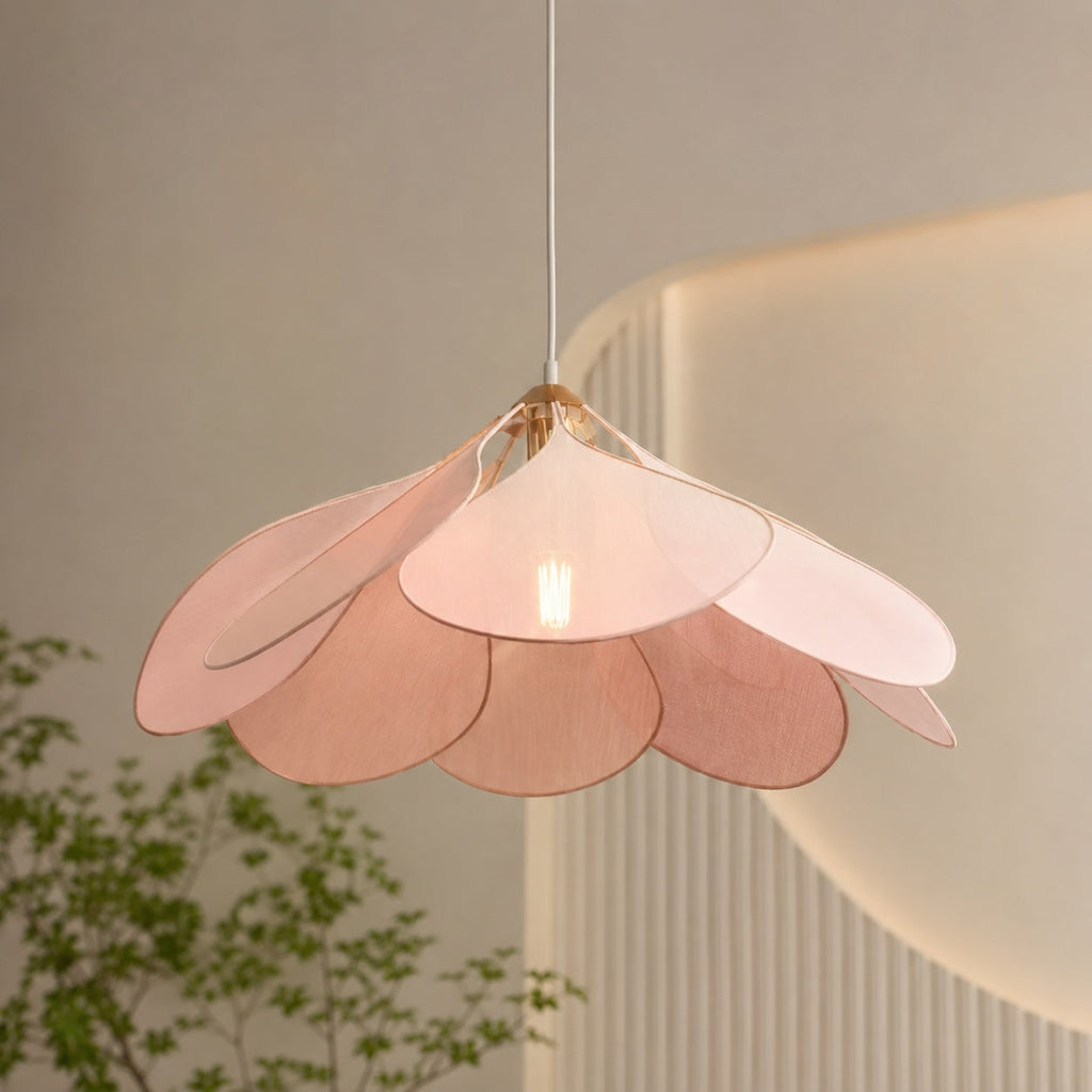 Modern blomformad pendellampa — justerbar upphängning, tygskärm, metall, kompatibel med LED-lampa, E27-lampa