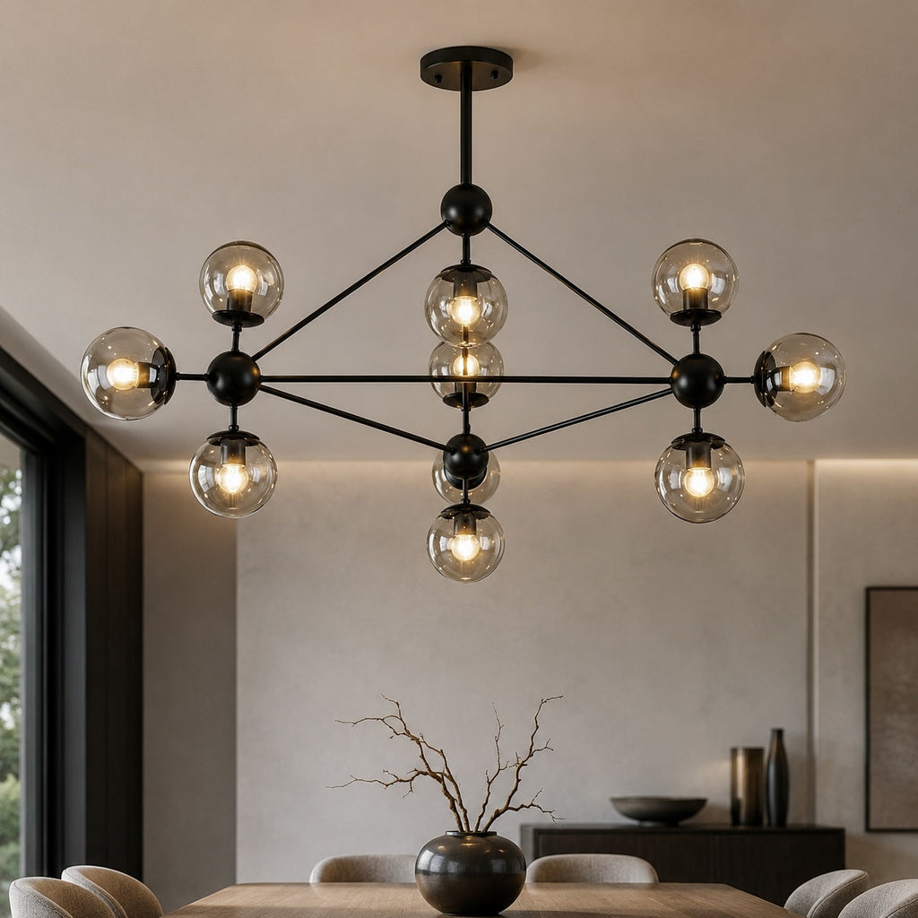 Modern justerbar LED-ljuskrona — svart metallram, geometrisk takpendel