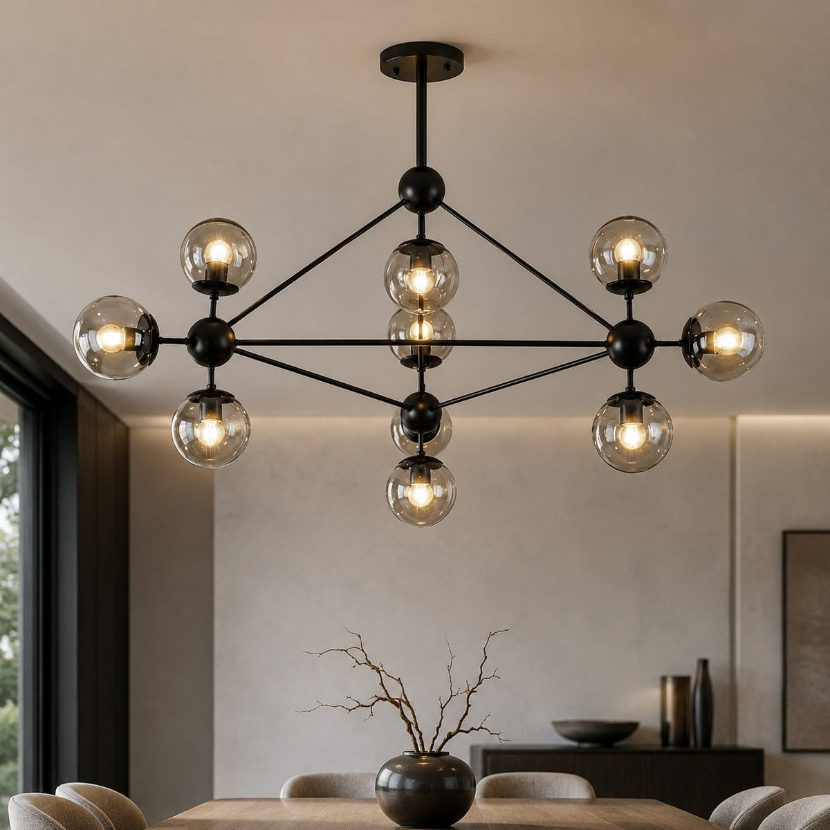 Modern justerbar LED-ljuskrona — svart metallram, geometrisk takpendel