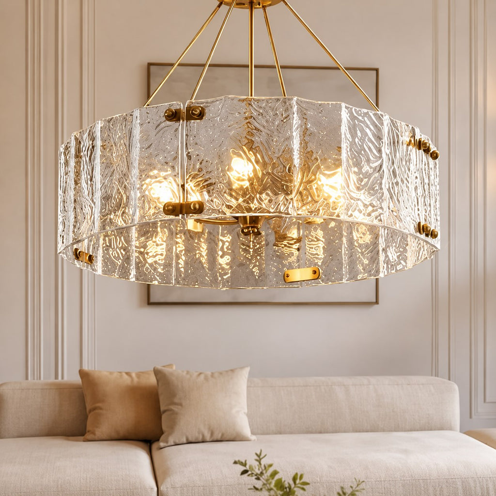 Lámpara de araña moderna — Estructura colgante de cobre ajustable, vidrio ondulado, opciones de 6 u 8 luces