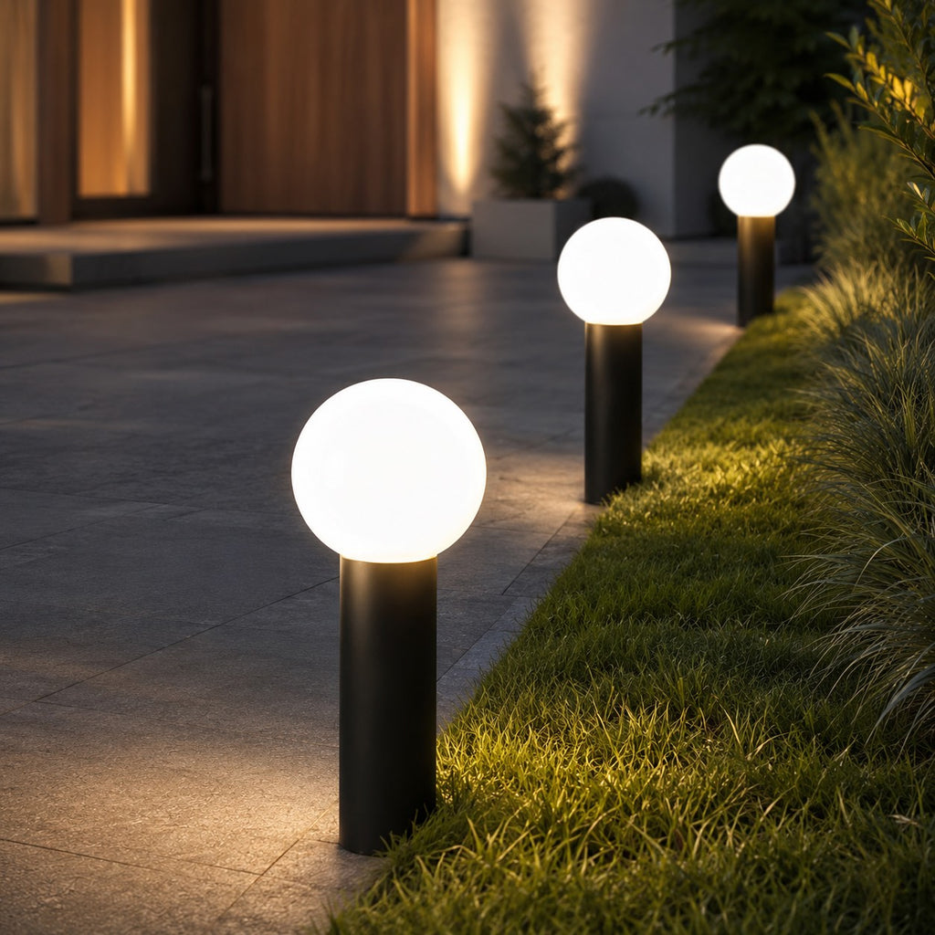 Modern rund LED-pollarlampa — vattentät svart metall, markmonterad