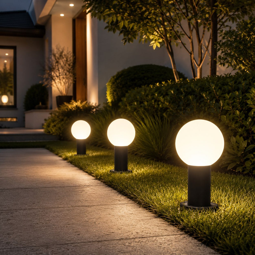 Modern rund LED-pollarlampa — vattentät svart metall, markmonterad