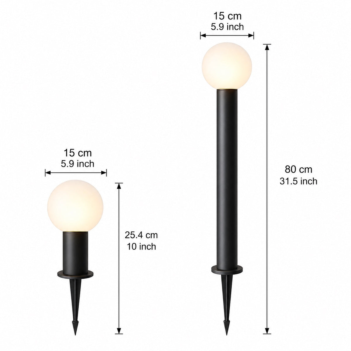 Modern rund LED-pollarlampa — vattentät svart metall, markmonterad