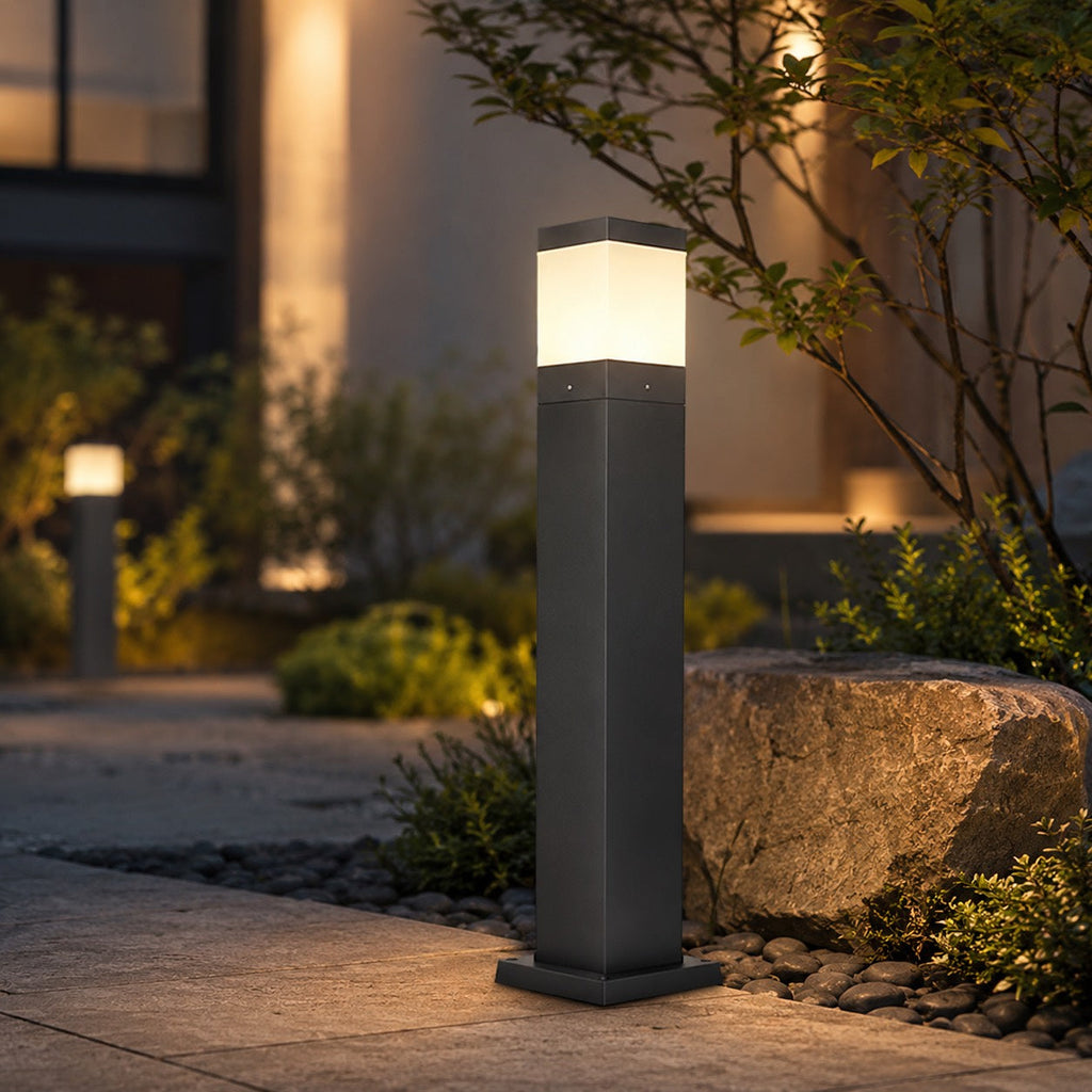 Modern Square Bollard Light — 7W COB Ground Mount, Aluminum, IP65 Waterproof, Warm White