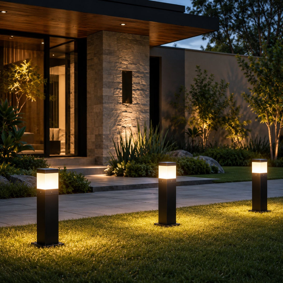 Modern Square Bollard Light — 7W COB Ground Mount, Aluminum, IP65 Waterproof, Warm White