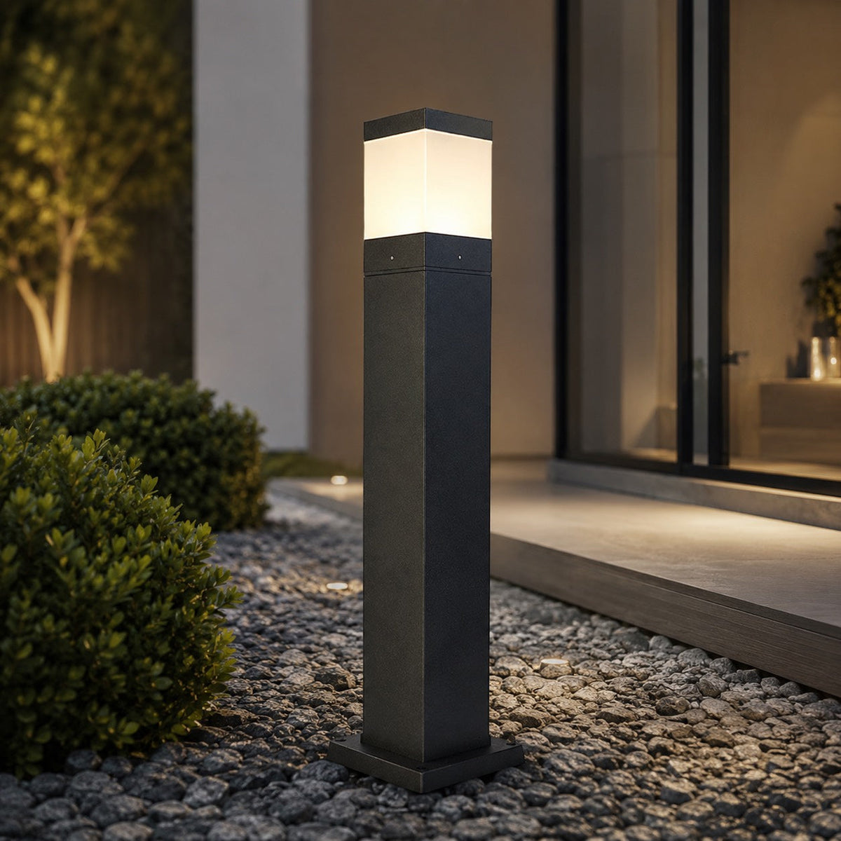 Modern Square Bollard Light — 7W COB Ground Mount, Aluminum, IP65 Waterproof, Warm White