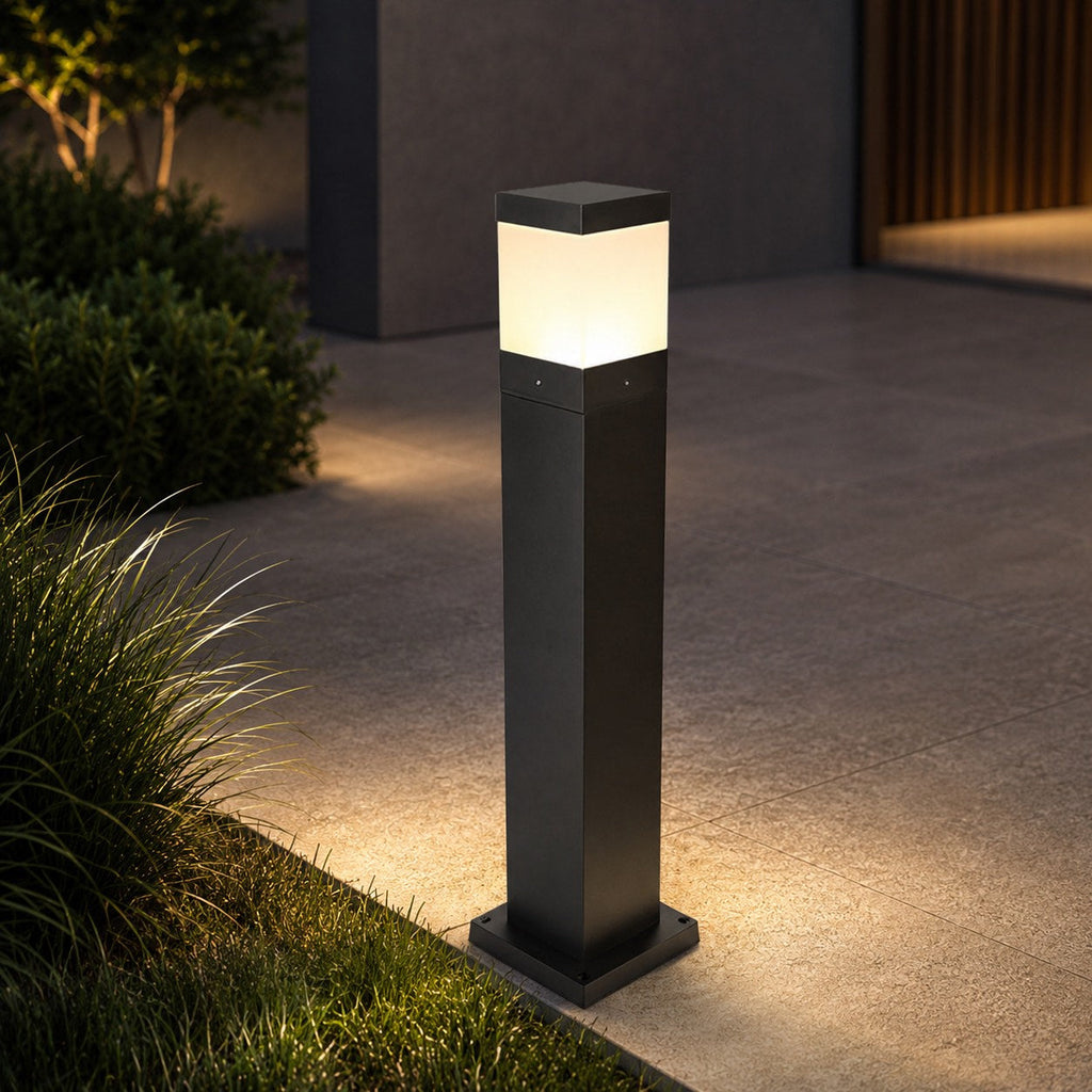 Modern Square Bollard Light — 7W COB Ground Mount, Aluminum, IP65 Waterproof, Warm White