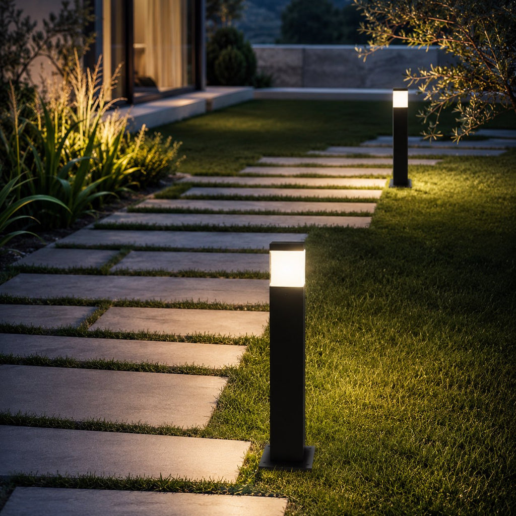 Modern Square Bollard Light — 7W COB Ground Mount, Aluminum, IP65 Waterproof, Warm White