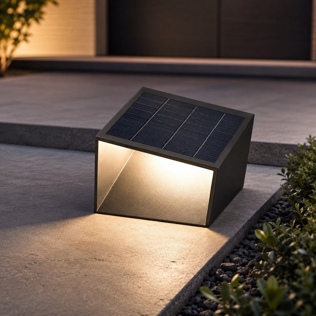 Modern kubformad soldriven pollarlampa för trädgården — rostfritt stål och glas, IP54, 3000K LED