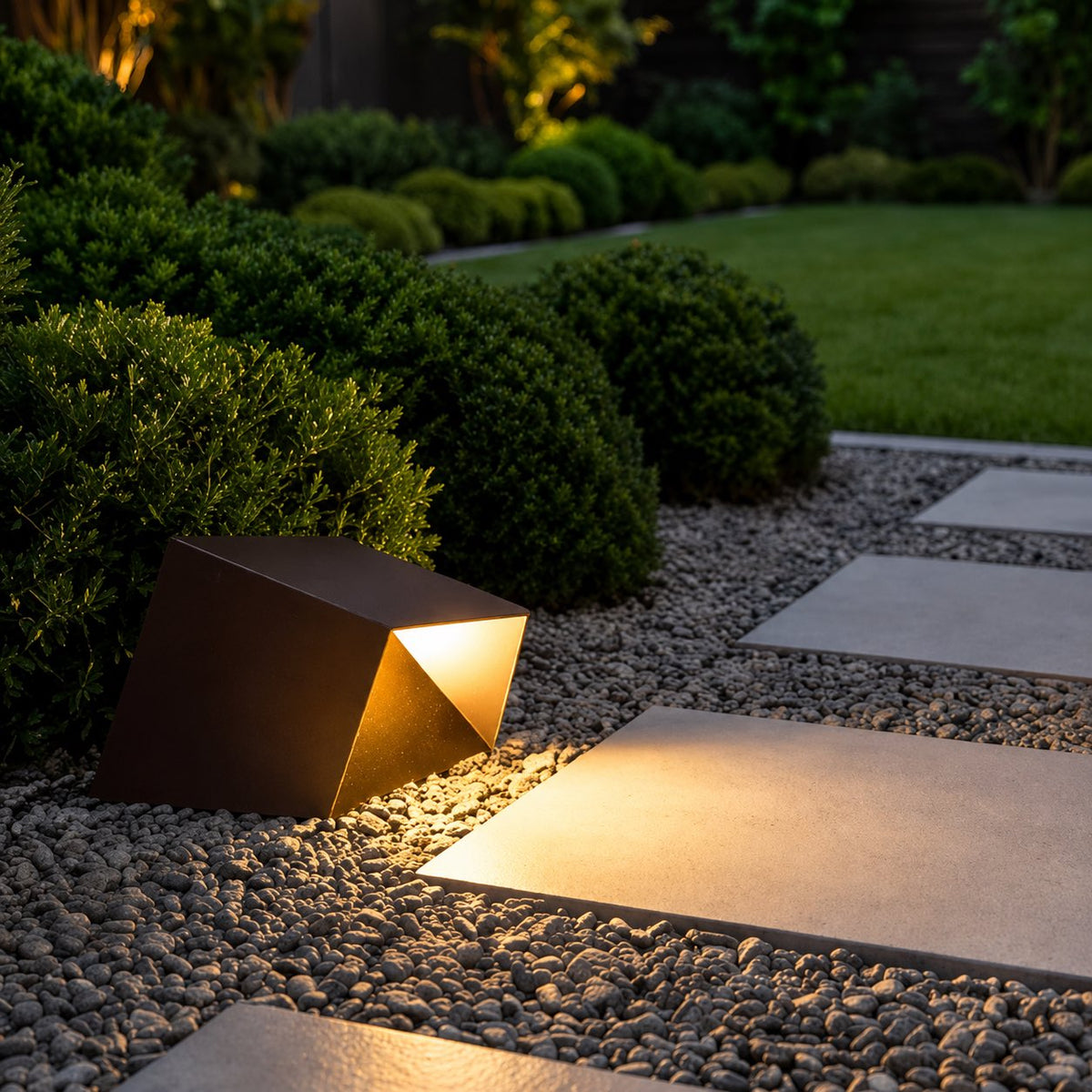 Modern kubformad soldriven pollarlampa för trädgården — rostfritt stål och glas, IP54, 3000K LED