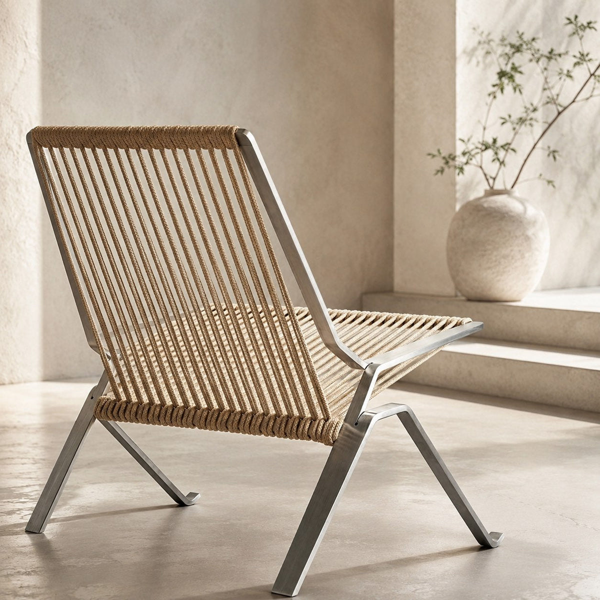 Sedia da relax moderna — struttura in acciaio inossidabile, seduta in corda intrecciata, schienale inclinato