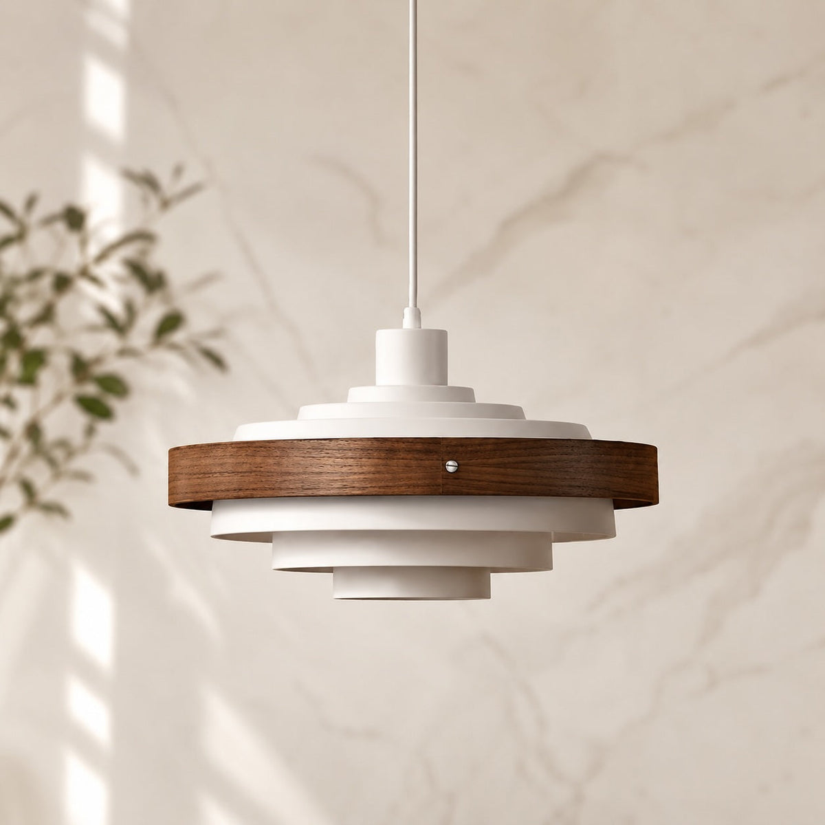 Modern trumformad pendellampa — justerbar höjd, design i metall och trä, 15 tum, kompatibel med LED