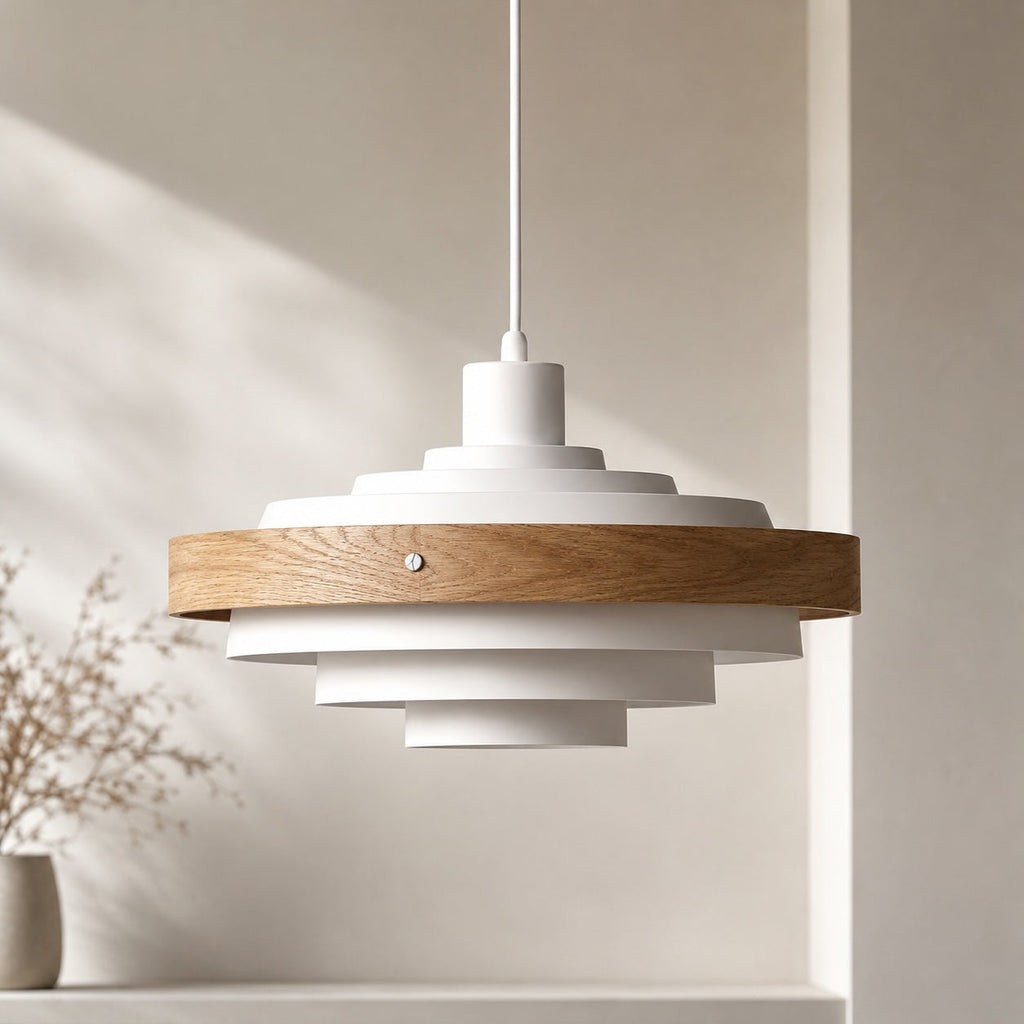 Modern trumformad pendellampa — justerbar höjd, design i metall och trä, 15 tum, kompatibel med LED