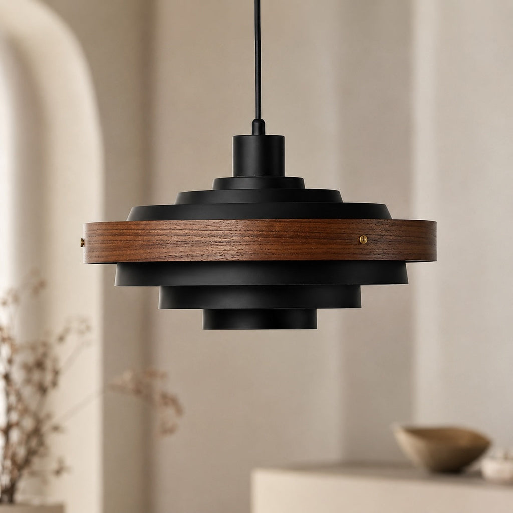 Modern trumformad pendellampa — justerbar höjd, design i metall och trä, 15 tum, kompatibel med LED