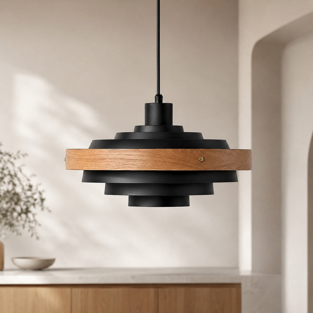 Modern trumformad pendellampa — justerbar höjd, design i metall och trä, 15 tum, kompatibel med LED