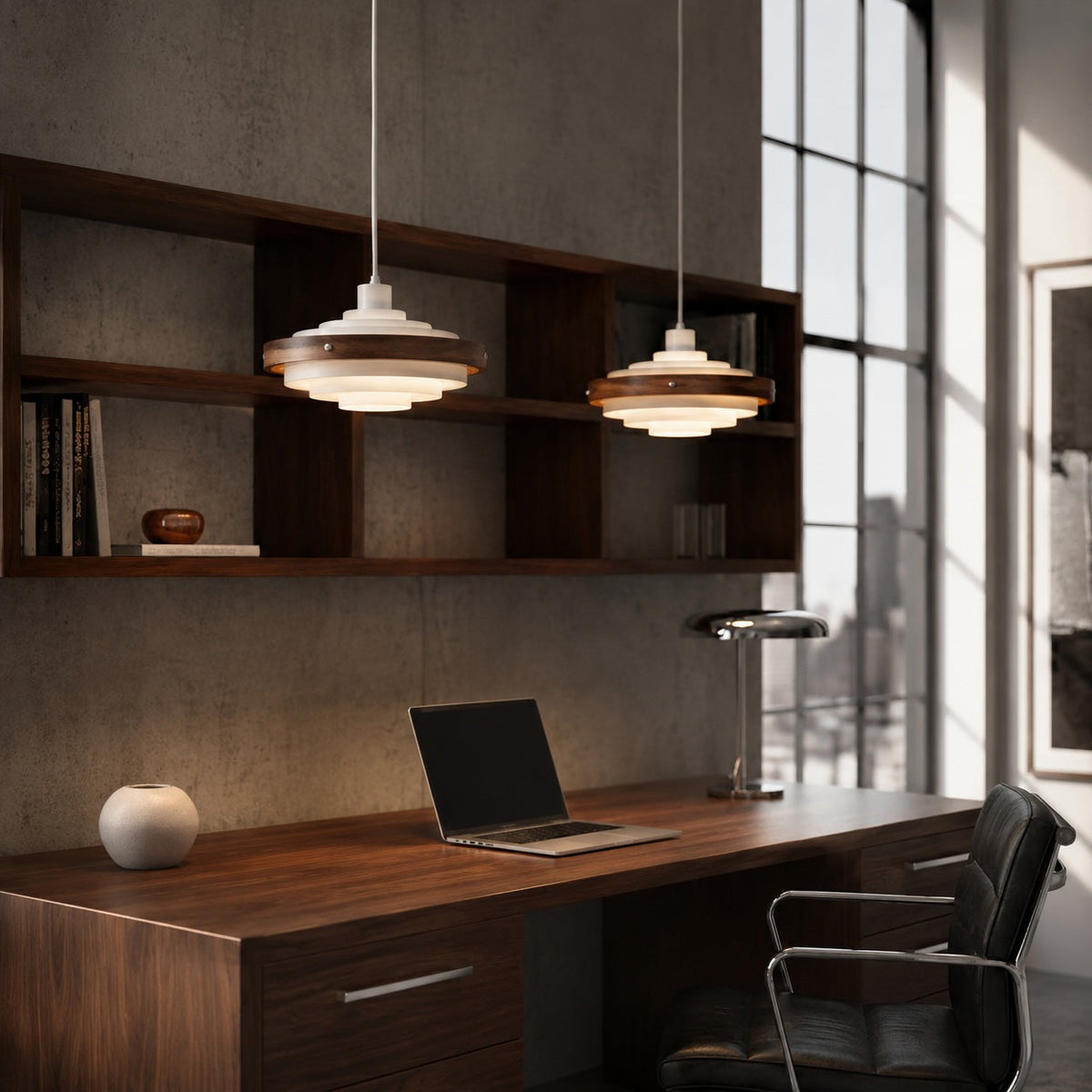 Modern trumformad pendellampa — justerbar höjd, design i metall och trä, 15 tum, kompatibel med LED