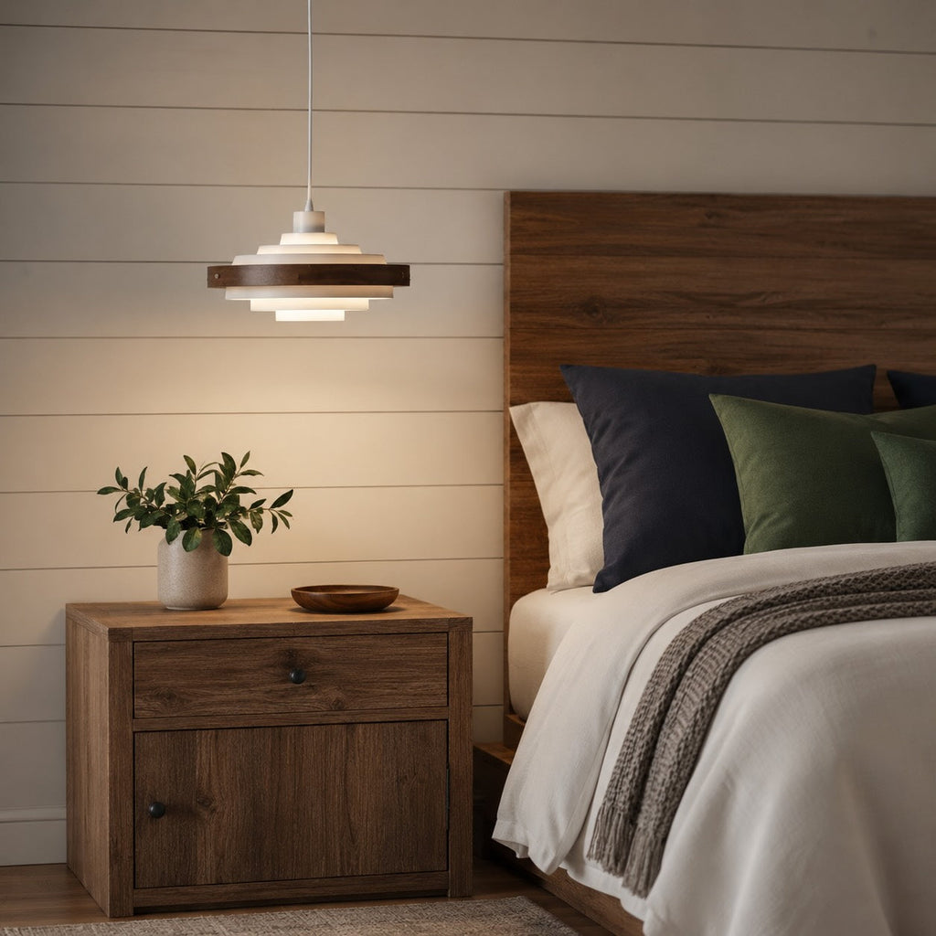 Modern trumformad pendellampa — justerbar höjd, design i metall och trä, 15 tum, kompatibel med LED