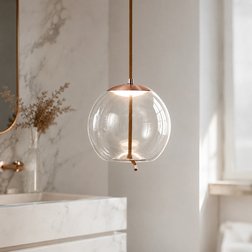 Modern takpendel i blåst glas — justerbar LED-belysning, accent i kopparrosa