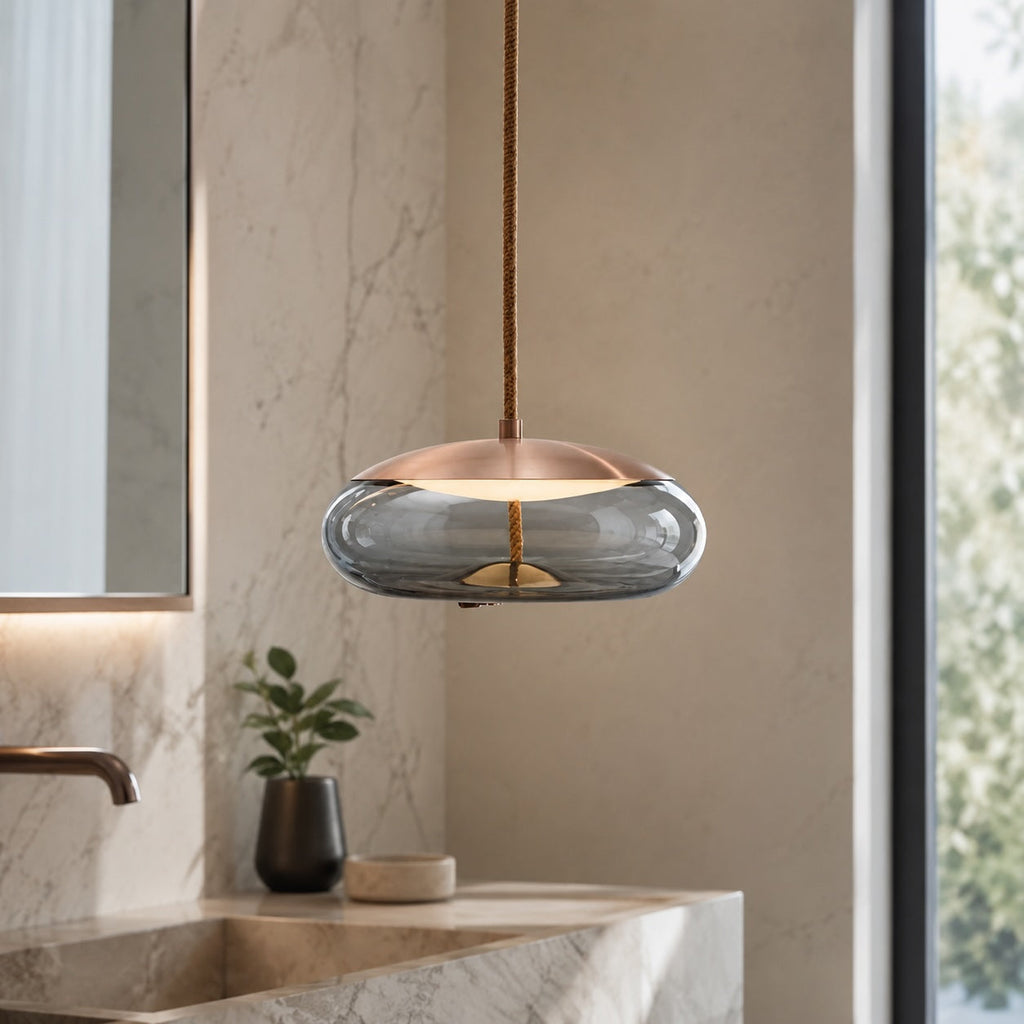 Modern takpendel i blåst glas — justerbar LED-belysning, accent i kopparrosa