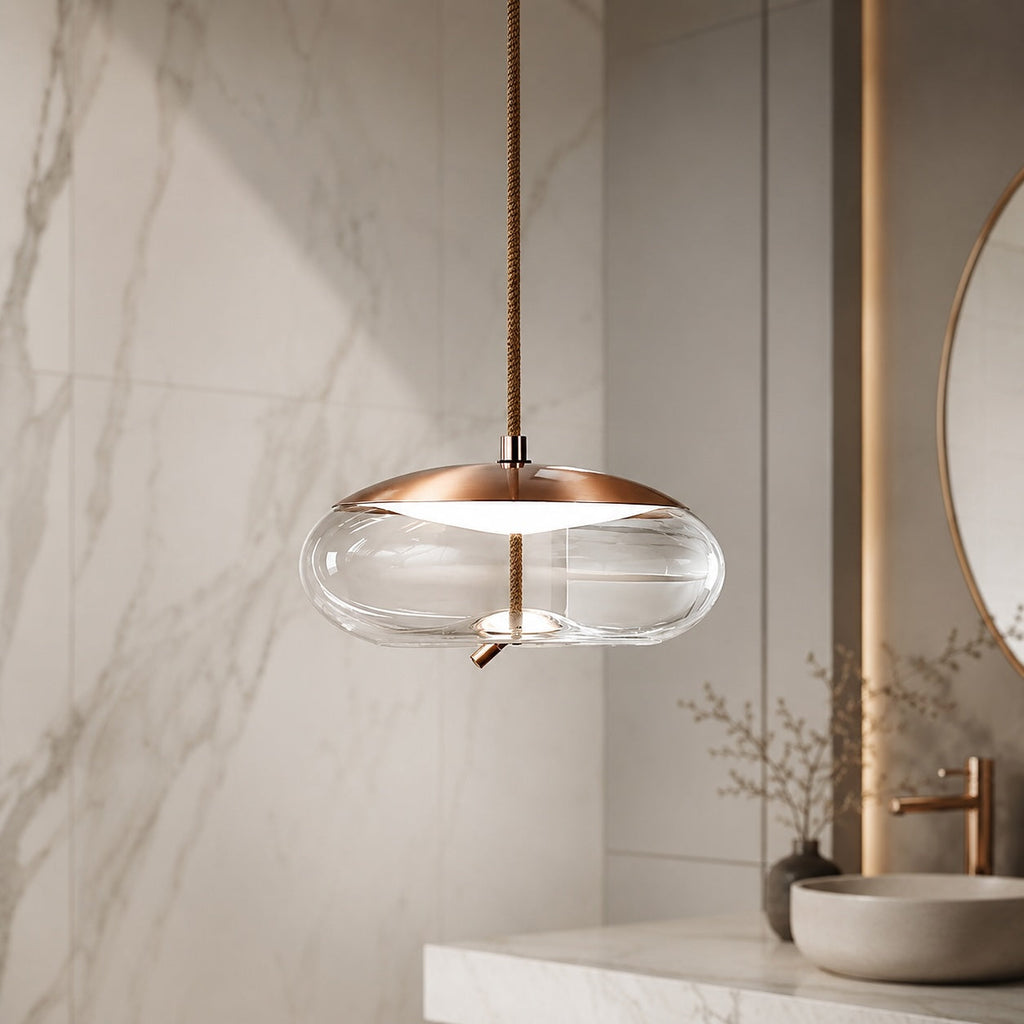 Modern takpendel i blåst glas — justerbar LED-belysning, accent i kopparrosa