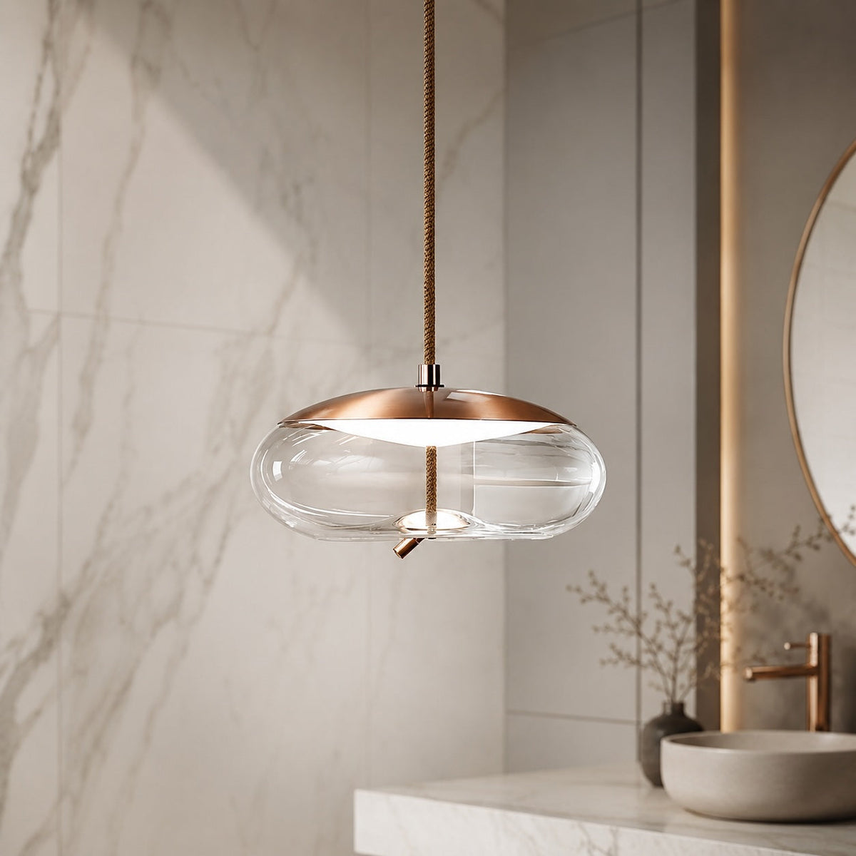Modern takpendel i blåst glas — justerbar LED-belysning, accent i kopparrosa