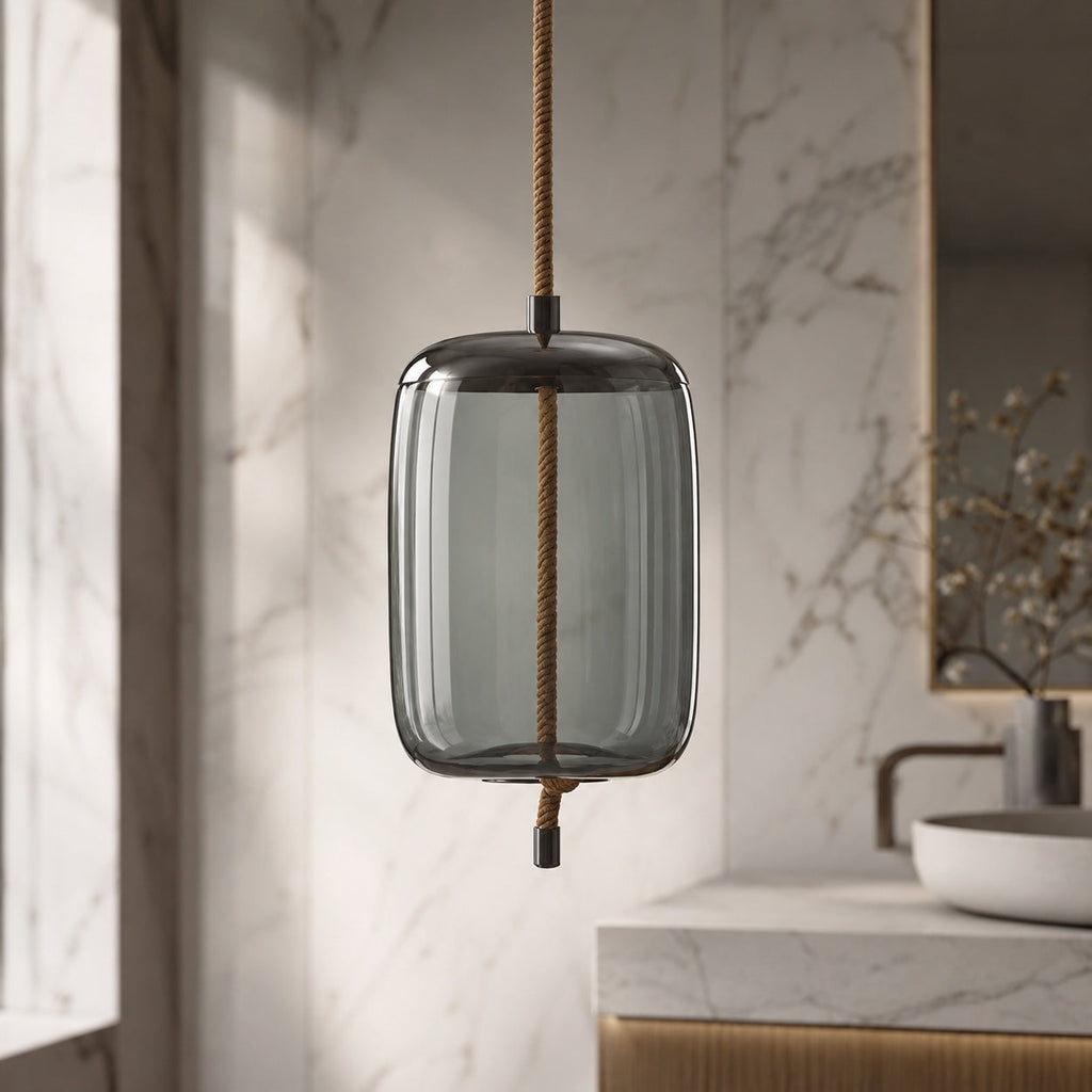 Modern takpendel i blåst glas — justerbar LED-belysning, accent i kopparrosa