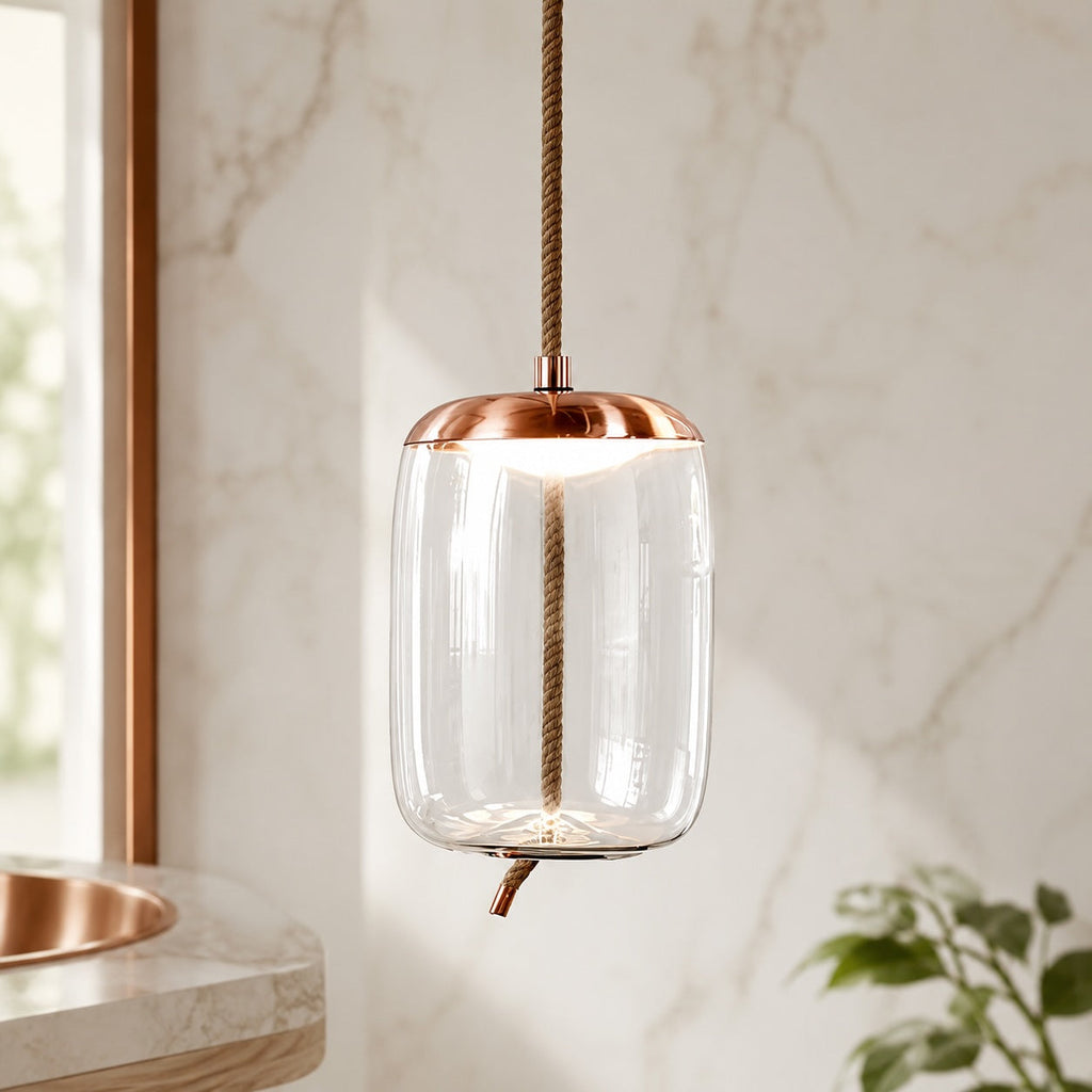 Modern takpendel i blåst glas — justerbar LED-belysning, accent i kopparrosa