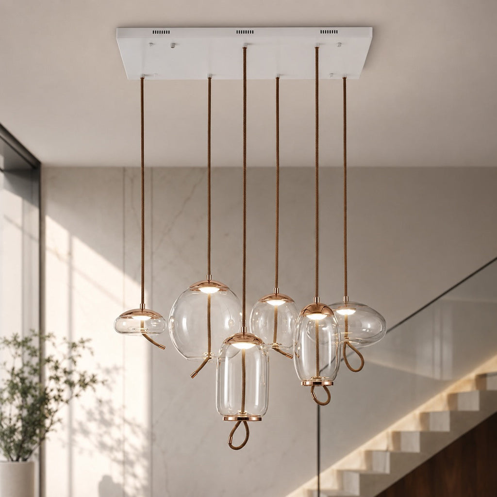Modern takpendel i blåst glas — justerbar LED-belysning, accent i kopparrosa