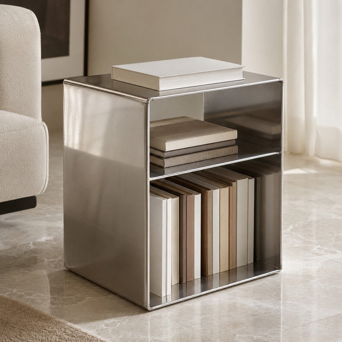 Minimalist Stainless Steel Side Table — Compact Design, 55 x 40 x 30 cm, Functional Storage
