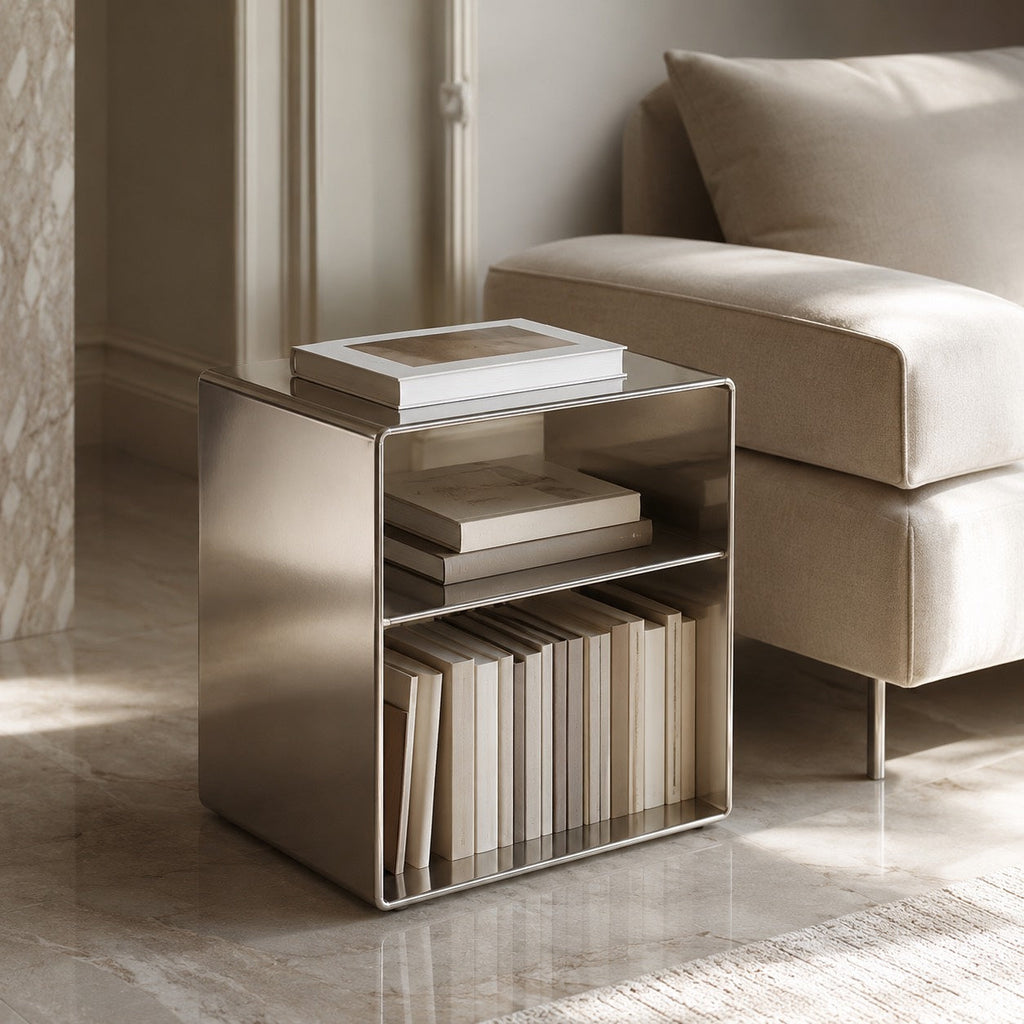 Minimalist Stainless Steel Side Table — Compact Design, 55 x 40 x 30 cm, Functional Storage
