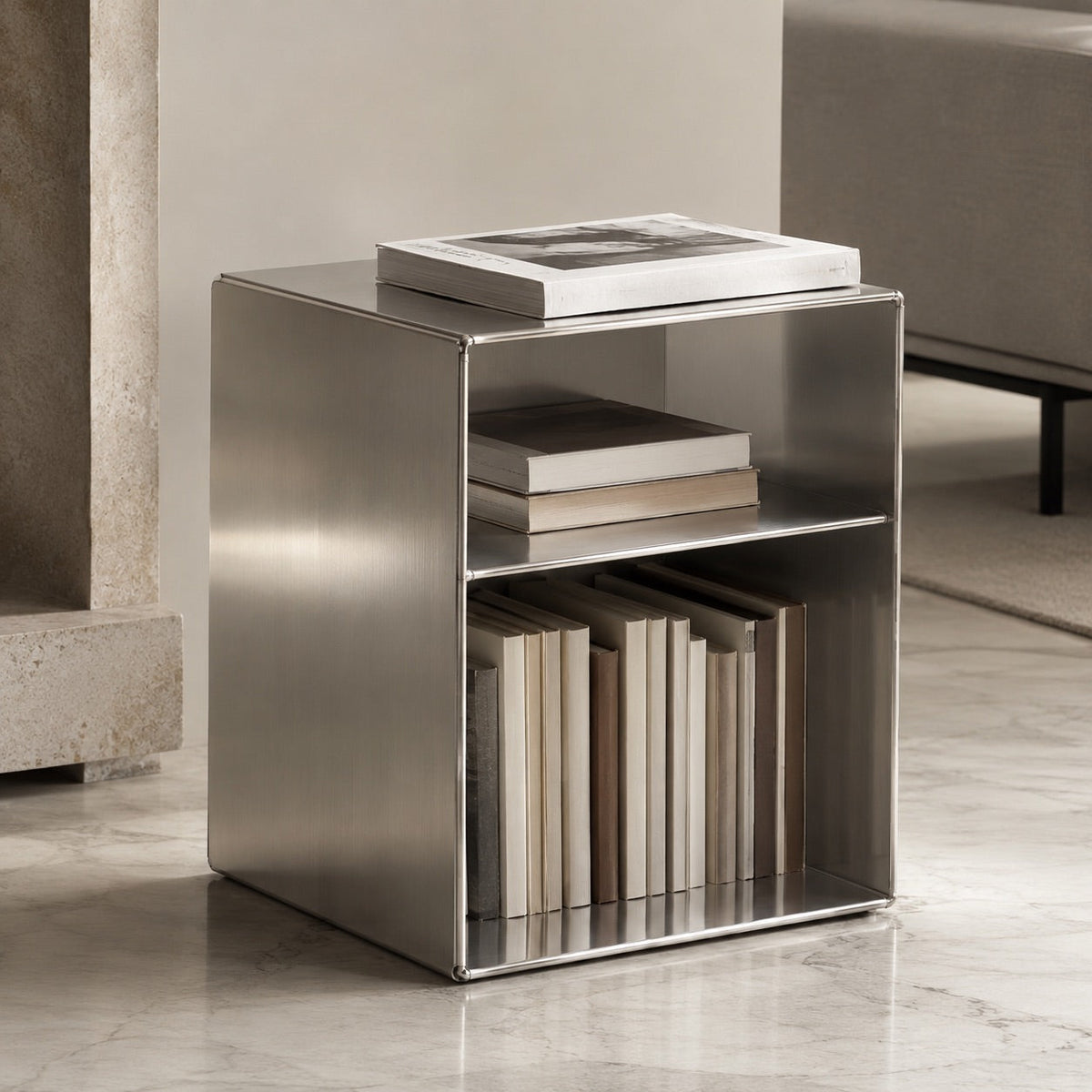 Minimalist Stainless Steel Side Table — Compact Design, 55 x 40 x 30 cm, Functional Storage